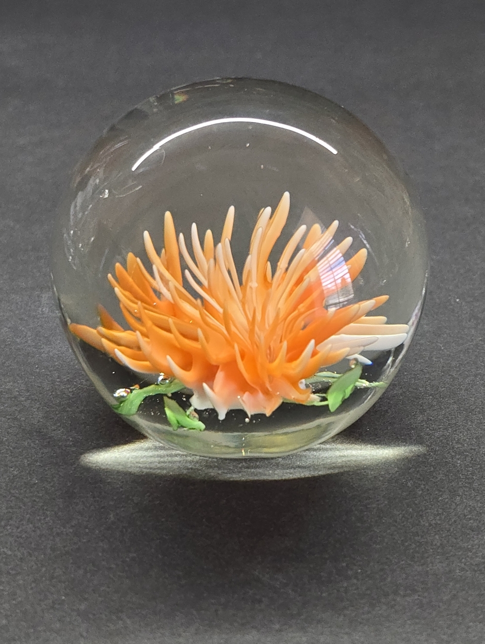 Vintage Art Glass Paperweight  Orange Flower Chrysanthemum *SEE PHOTO